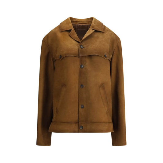 Prada Brown Leather Jacket with suede finish, classic collar, button closure, and welt pockets for versatile elegance. Composition: 100% Calf Leather.