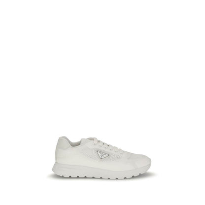 Prada White Rubber Athletic Sneakers with enameled triangle logo, technical fabric, and mesh design, showcasing modern urban style.