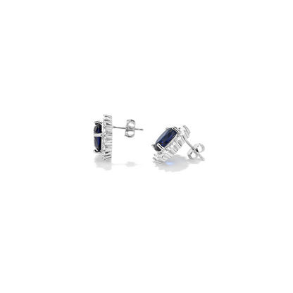 RADIANT JEWELS JEWELRY Mod. RY000168 silver stud earrings with blue gemstone, side view on white background