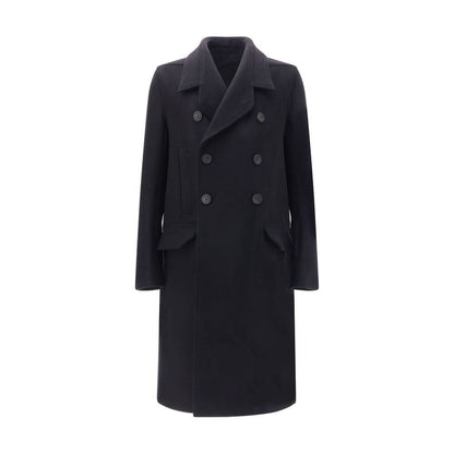 Rick Owens Black Fleece Wool Coat with wide lapels and double-breasted buttons, featuring four front welt pockets and back vent.
