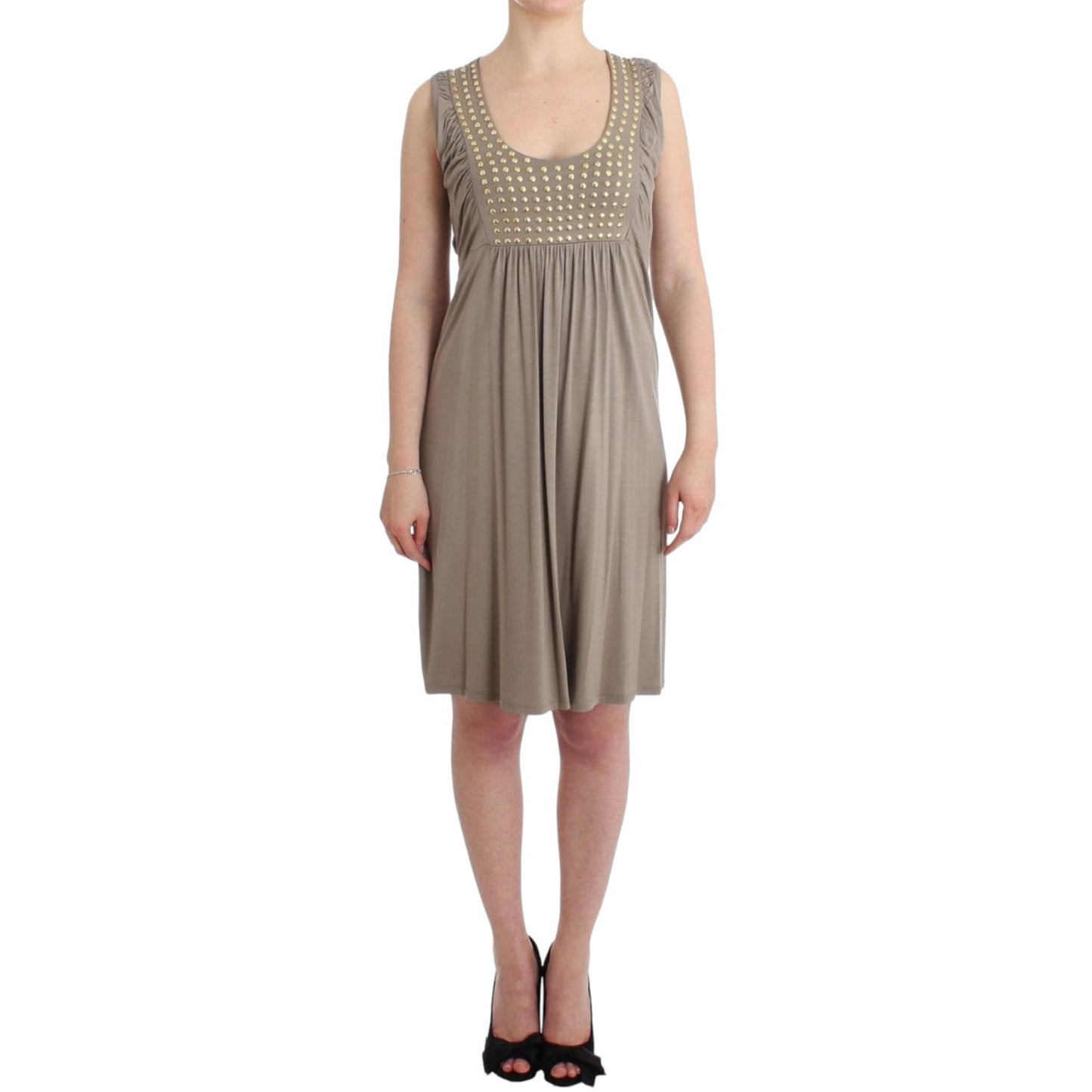 Roccobarocco Khaki studded sheath dress featuring knee length, round neckline, sleeveless design, and waist tie. Brand new with tags.