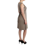 Roccobarocco Khaki studded sheath dress, knee-length with round neckline and waist ties, shown with original tags. New fashion item.
