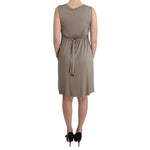 Rear view of the Roccobarocco Khaki studded sheath dress showcasing waist tie and knee-length, sleeveless design.