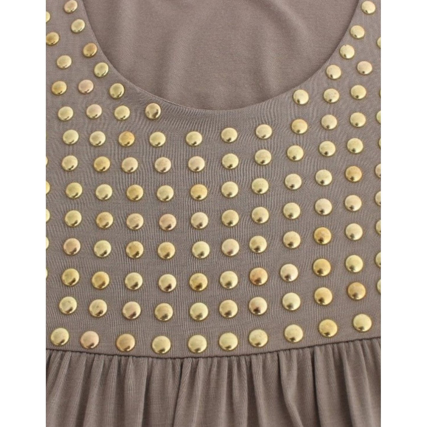 Close-up of Roccobarocco Khaki studded sheath dress featuring round neckline and decorative studded detailing.