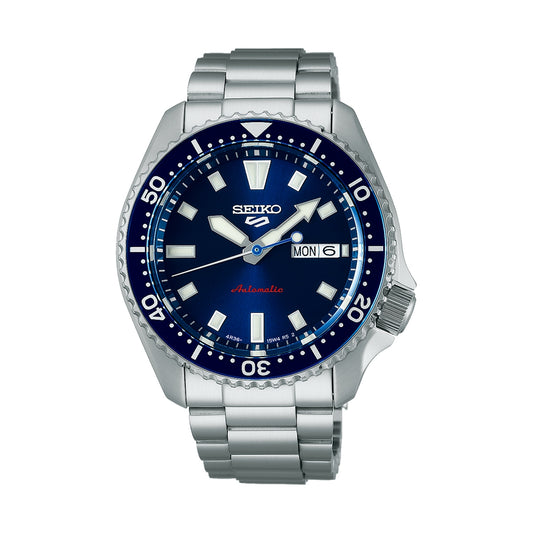 SEIKO 5 WATCHES Mod. SRPL83K1 with blue dial and silver bracelet showcasing day-date functionality.