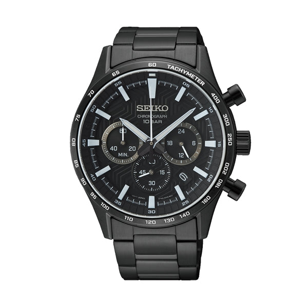 SEIKO WATCHES Mod. SSB415P1 black chronograph wristwatch with 41mm SS IP black case, sapphire dial, quartz movement, and 10 ATM water resistance.