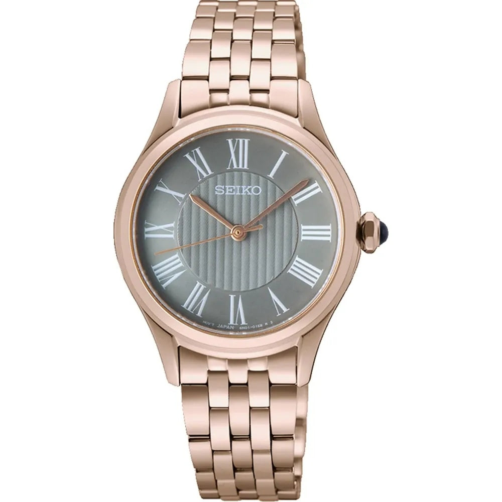 Rose gold SEIKO WATCHES Mod. SUR614P1 with roman numeral dial and stainless steel bracelet.