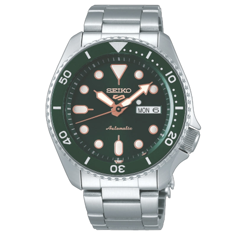SEIKO 5 Mod. SPORTS Automatic watch with a silver stainless steel bracelet and green bezel.