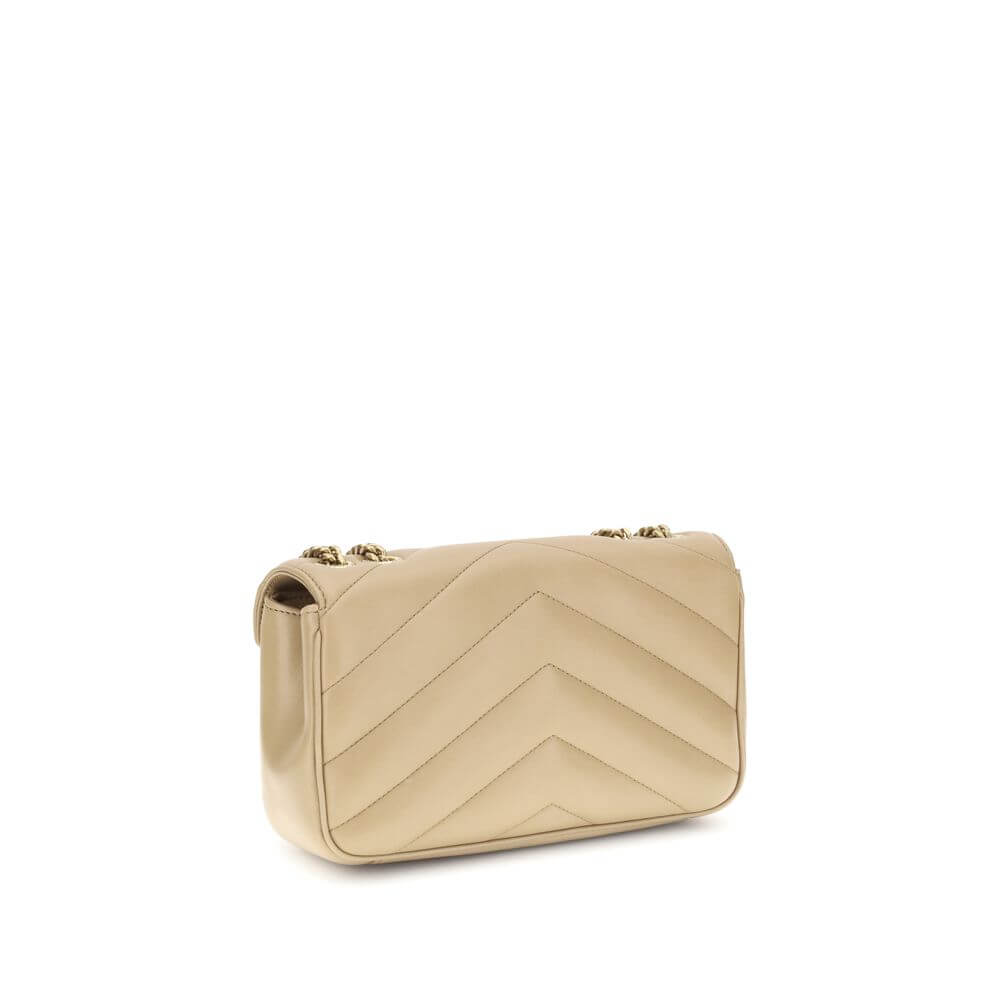 Saint Laurent Beige Lamb Ovis Aries Aries Shoulder Bag with quilted design and chain strap, showcasing timeless elegance.