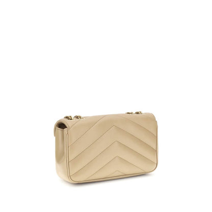 Saint Laurent Beige Lamb Ovis Aries Aries Shoulder Bag with quilted design and chain strap, showcasing timeless elegance.