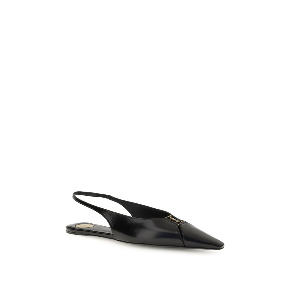Saint Laurent Black Calf Leather Bos Taurus Ballet Flats with bronze CASSANDRE, open back, and elastic strap for elegance and comfort.