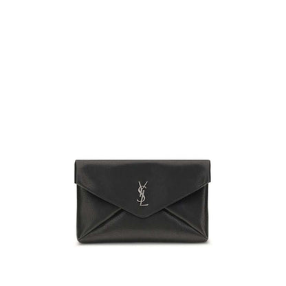 Saint Laurent Black Calf Leather Bos Taurus Clutch Bag with silver logo and magnetic closure.
