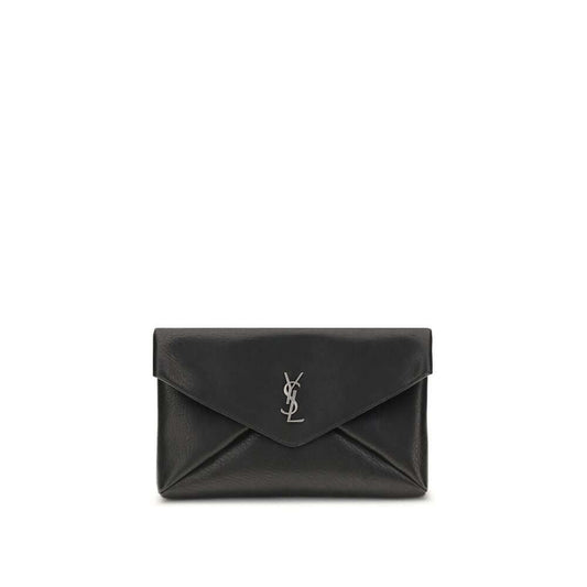Saint Laurent Black Calf Leather Bos Taurus Clutch Bag with silver logo embellishment and front flap, AW25 collection, elegant accessory.