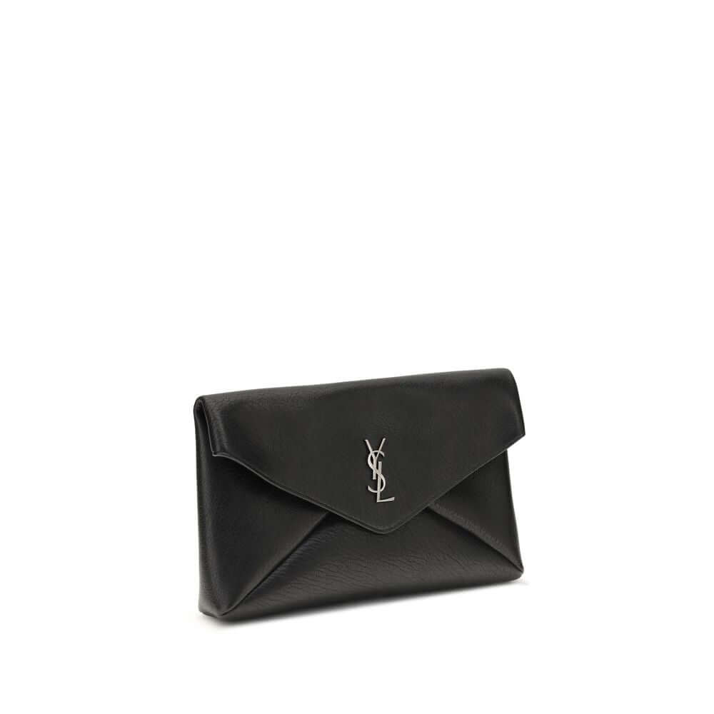 Saint Laurent Black Calf Leather Bos Taurus Clutch Bag with silver logo and envelope design