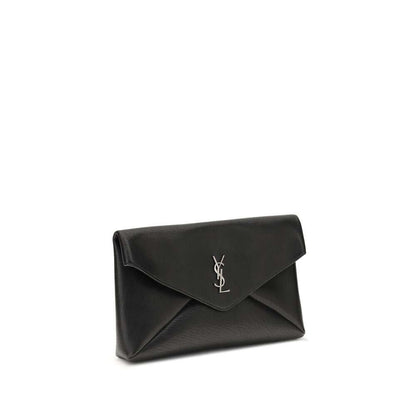 Saint Laurent Black Calf Leather Bos Taurus Clutch Bag with silver logo and envelope design