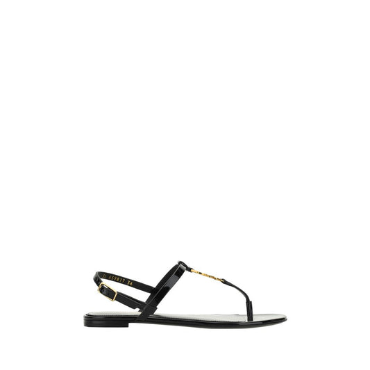 Saint Laurent Black Calf Leather Bos Taurus Flat Sandals with iconic monogram, ankle strap, and logoed insole. Made in Italy.