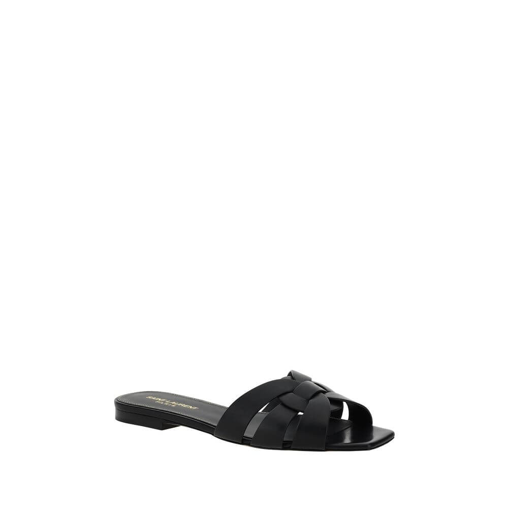Saint Laurent Black Calf Leather Bos Taurus Flat Sandals with monogram detail and ankle strap, AW25 collection.