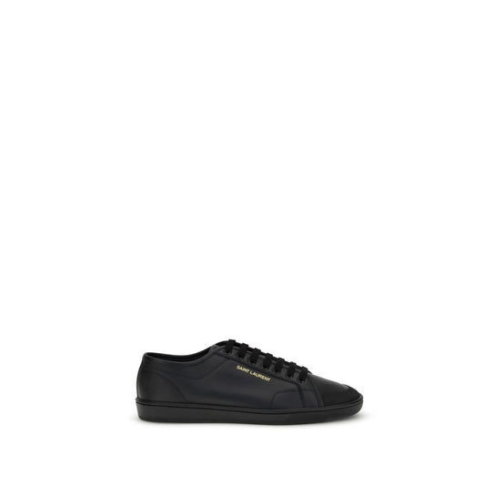 Saint Laurent Black Calf Leather Bos Taurus Low Top Sneakers with gold signature and rubber sole, AW25 collection.