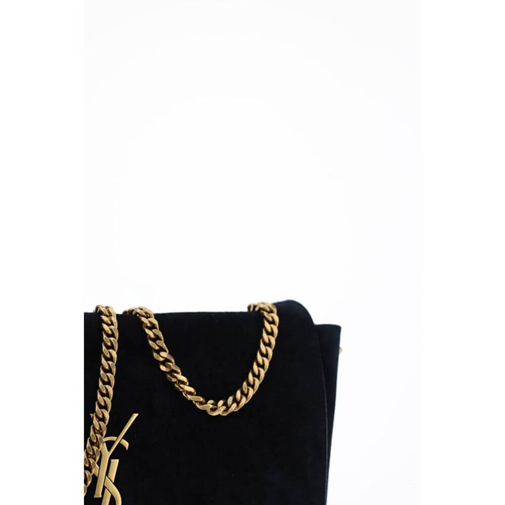 Saint Laurent Black Calf Leather Bos Taurus Shoulder Bag with chain strap, monogram detail, and suede finish.