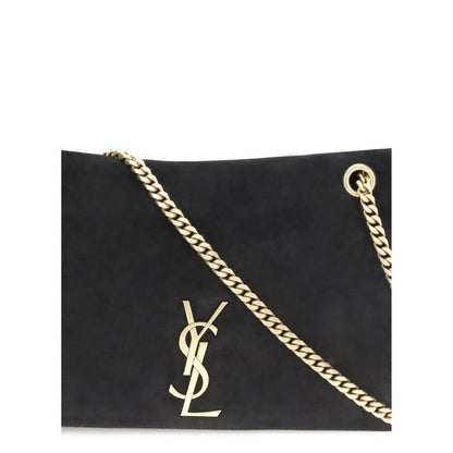 Saint Laurent Black Calf Leather Bos Taurus Shoulder Bag with gold chain and monogram.