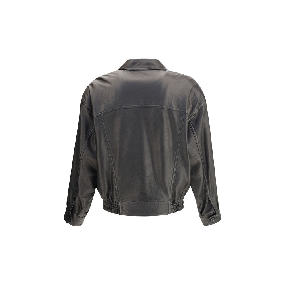 Saint Laurent Black Lamb Ovis Aries Aries Clothing leather jacket back view with pointed collar and gathered waist.
