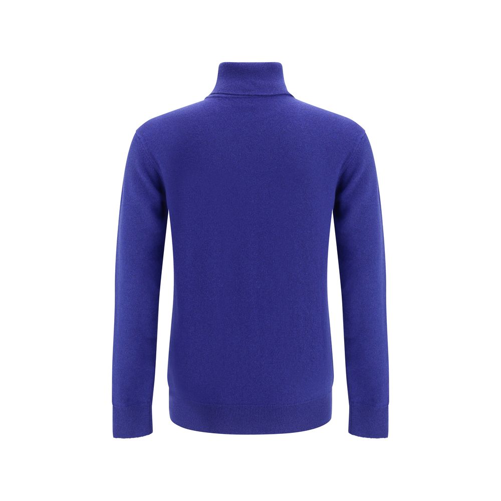 Back view of Saint Laurent Blue Cashmere Cashmere Sweater with ribbed collar, cuffs, and hem for a stylish smart-casual look.
