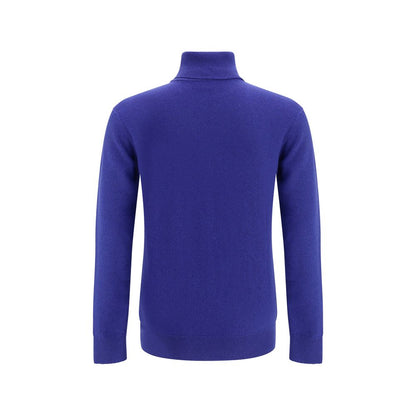 Back view of Saint Laurent Blue Cashmere Cashmere Sweater with ribbed collar, cuffs, and hem for a stylish smart-casual look.