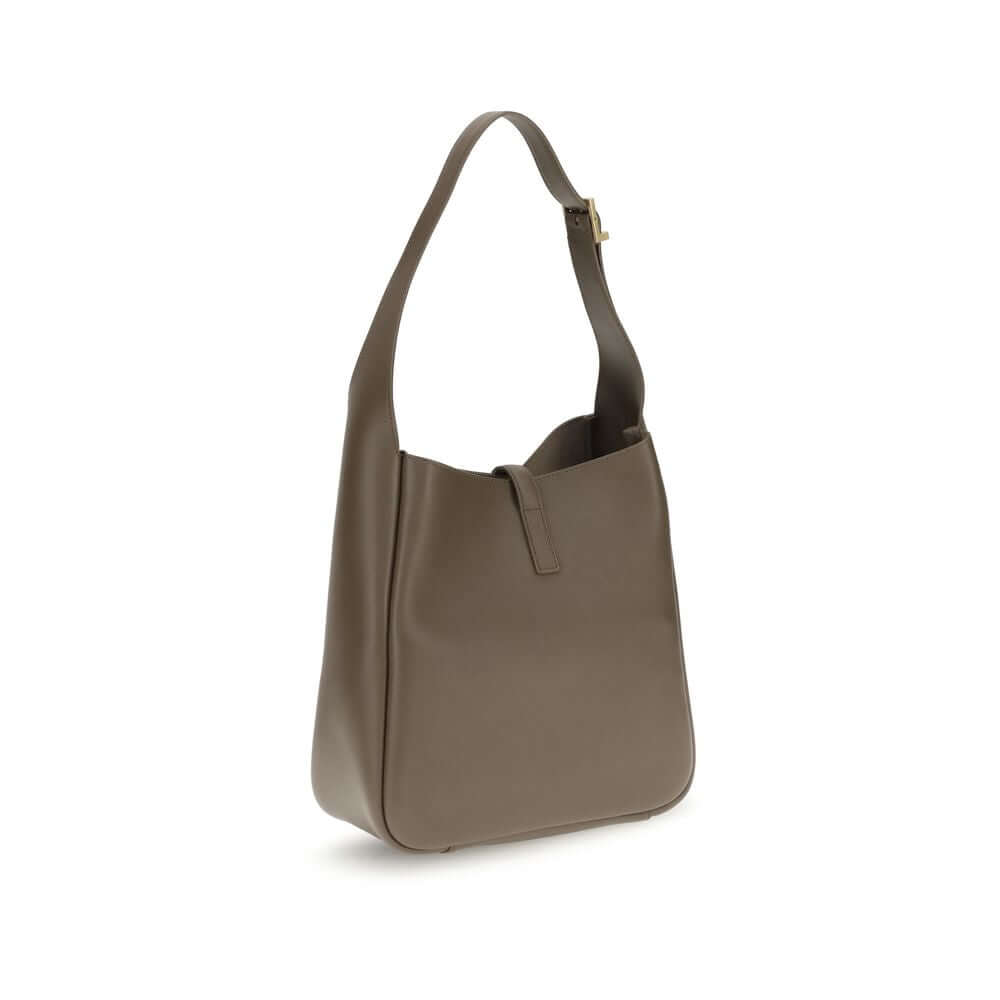 Saint Laurent Brown Calf Leather Bos Taurus Shoulder Bag with YSL logo hook and adjustable strap in refined hobo design.