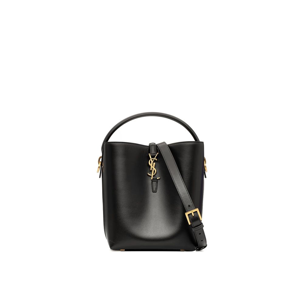 Saint Laurent Le 37 Small Leather Bucket Bag in black leather with YSL buckle and adjustable strap, front view