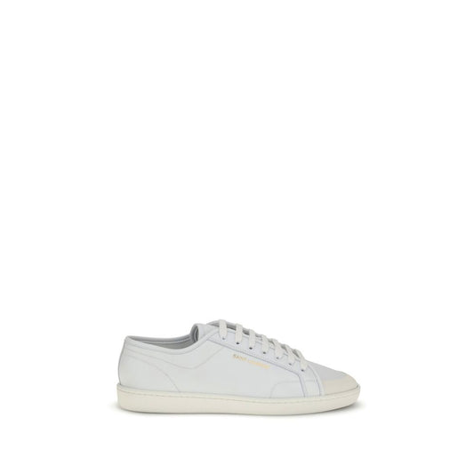 Saint Laurent White Calf Leather Bos Taurus Low Top Sneakers with gold signature, flat rubber sole, and lace-up closure for urban style.