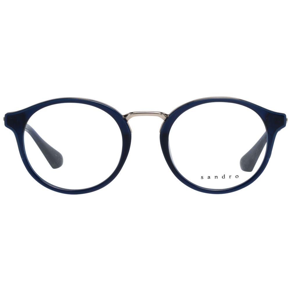 Sandro Blue Women Glasses Frame, full-rim style with blue plastic material, round design, includes branded case, lens width 49mm.