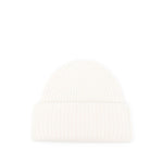 Soft Goat Cashmere ribbed beanie with white round crown and turn-up brim, perfect for winter fashion and warmth.