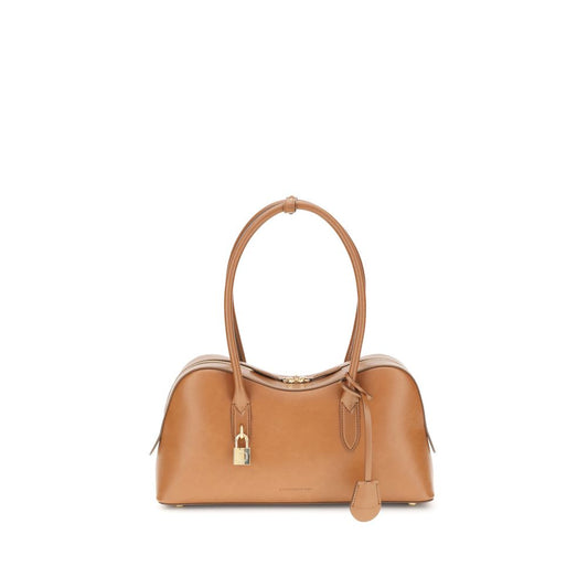 Stella McCartney Beige Nylon Shoulder Bag with embossed logo and logoed padlock, featuring two round handles and zippered closure.