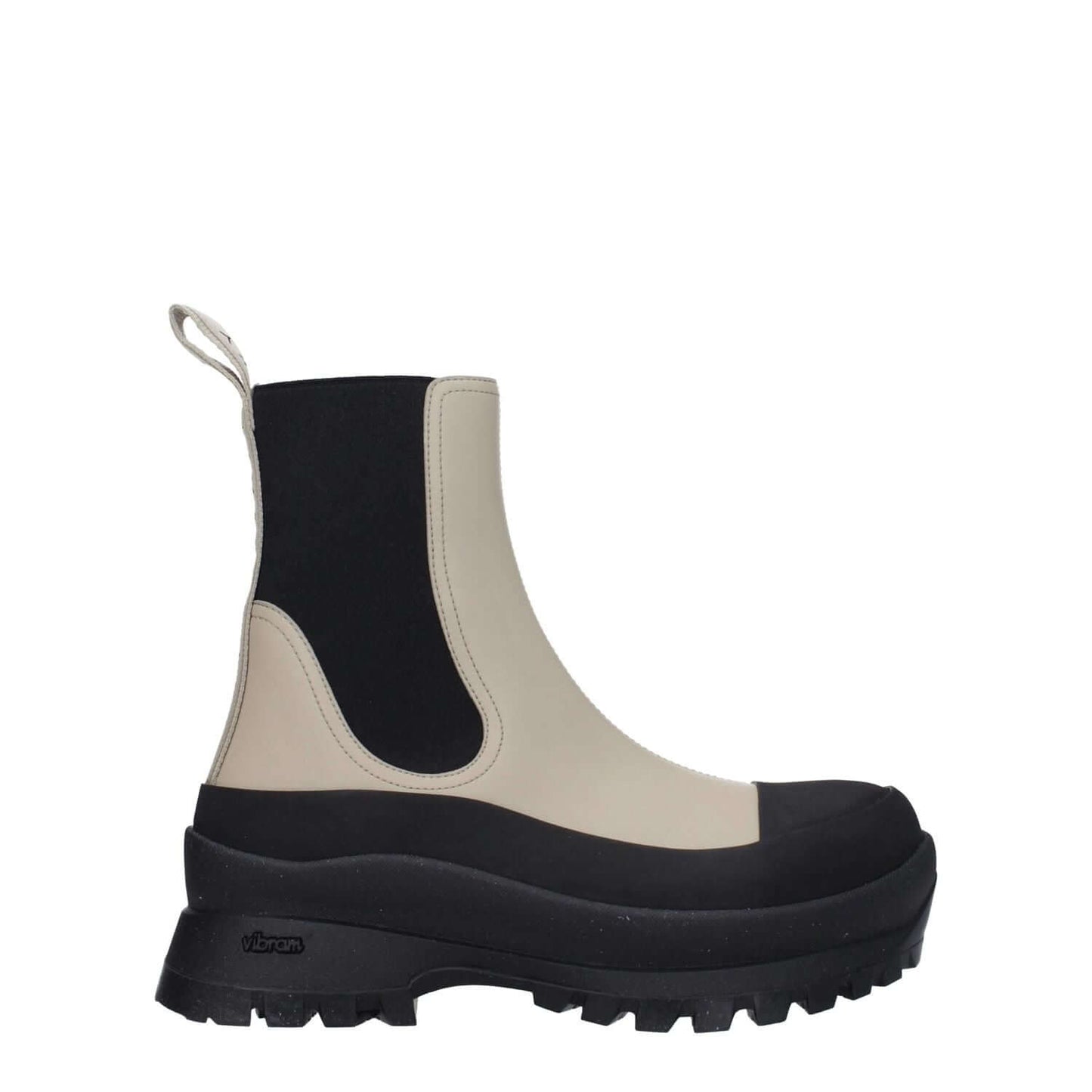 Stella McCartney Black Leather Ankle Boots with eco-friendly materials, rubber sole, mid heels, taupe accents, and back logo.