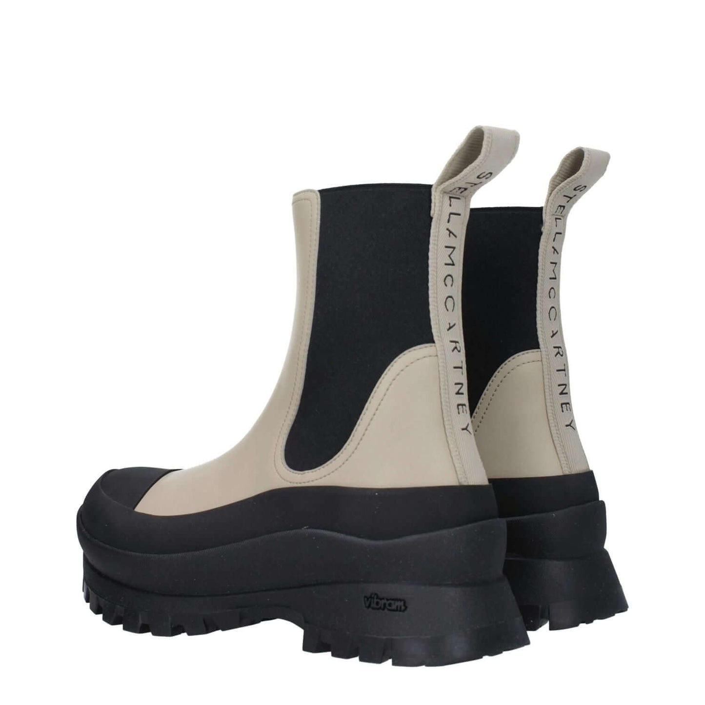 Stella McCartney Black Leather Ankle Boots with back logo and mid heels, eco-friendly design with taupe and black colors.