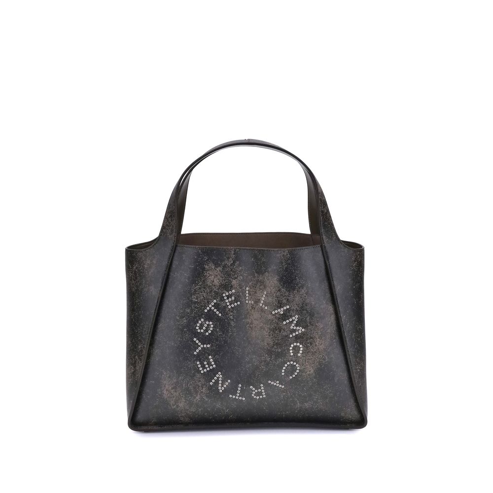 Stella McCartney Brown Calf Leather Bos Taurus Shoulder Bag with logo eyelets and aged-effect finish, featuring two top handles.