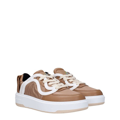 Stella McCartney Brown Fabric Chunky Sneakers with white laces and rubber sole, featuring front and back logos, round toe design