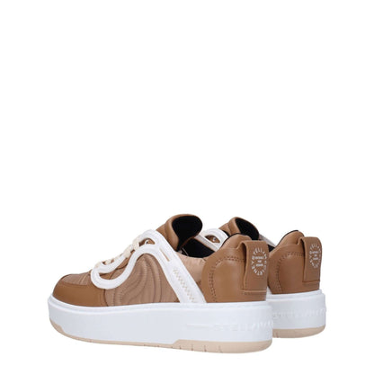 Stella McCartney Brown Fabric Chunky Sneakers with front and back logo, lace-up closure, low flat heel, round toe, and rubber sole.