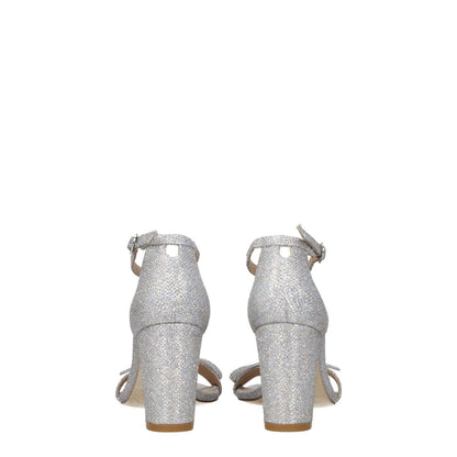 Back view of Stuart Weitzman Gray Fabric Platform Sandals with buckle closure and mid heels.