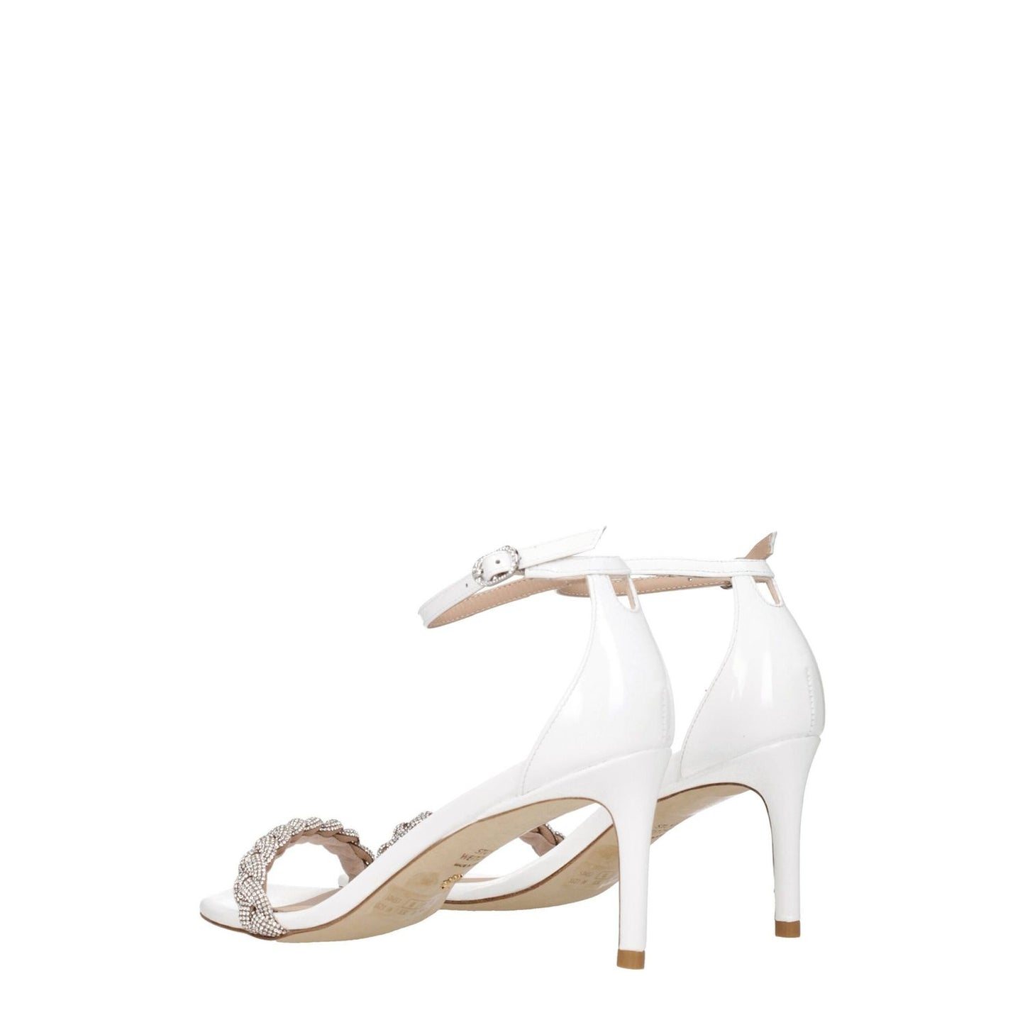 Stuart Weitzman White Leather Stiletto Heel Sandals with crystals, open toe, buckle closure, and mid 7.5 cm heels.