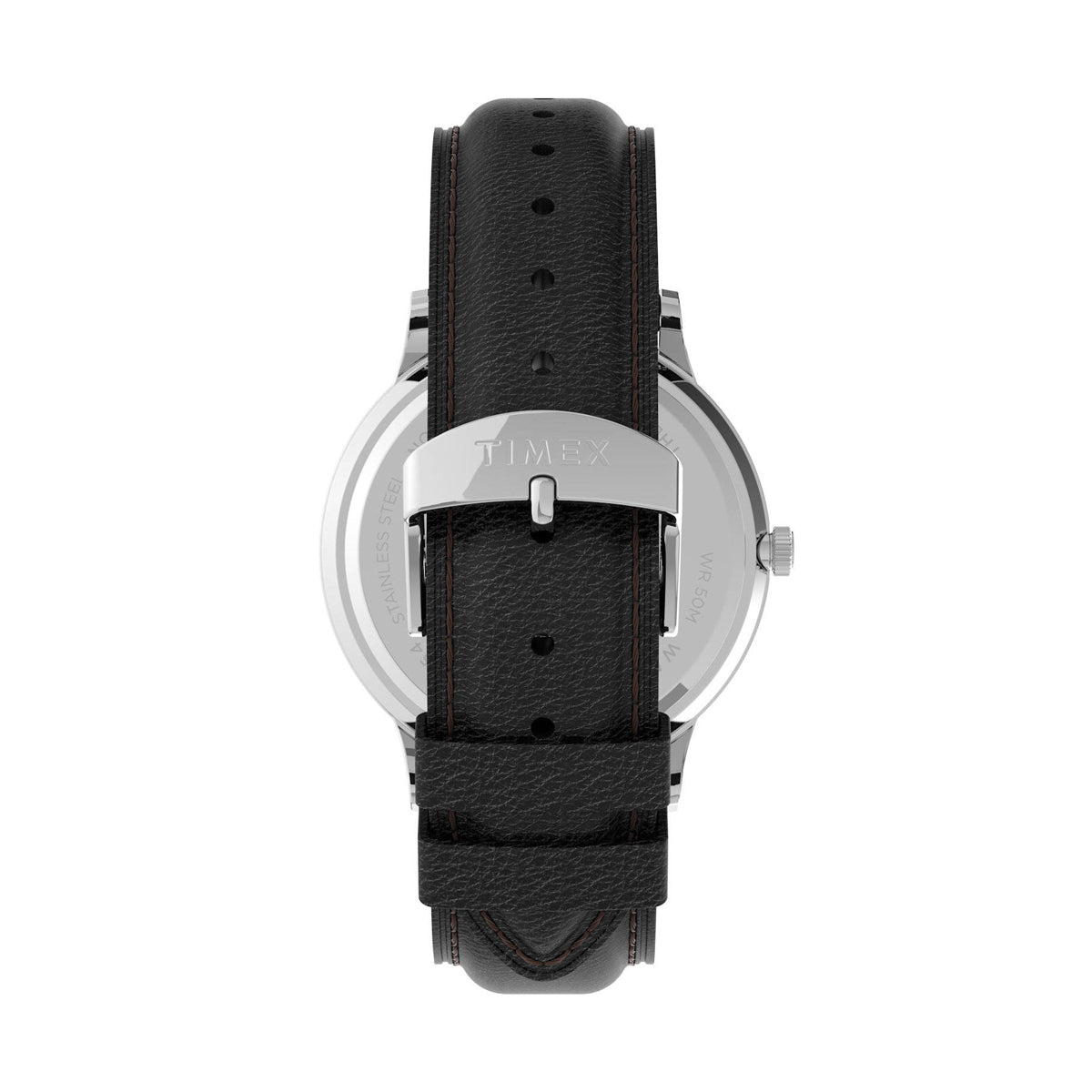 Back view of TIMEX WATCHES Mod. TW2U88600 with black leather strap and stainless steel buckle