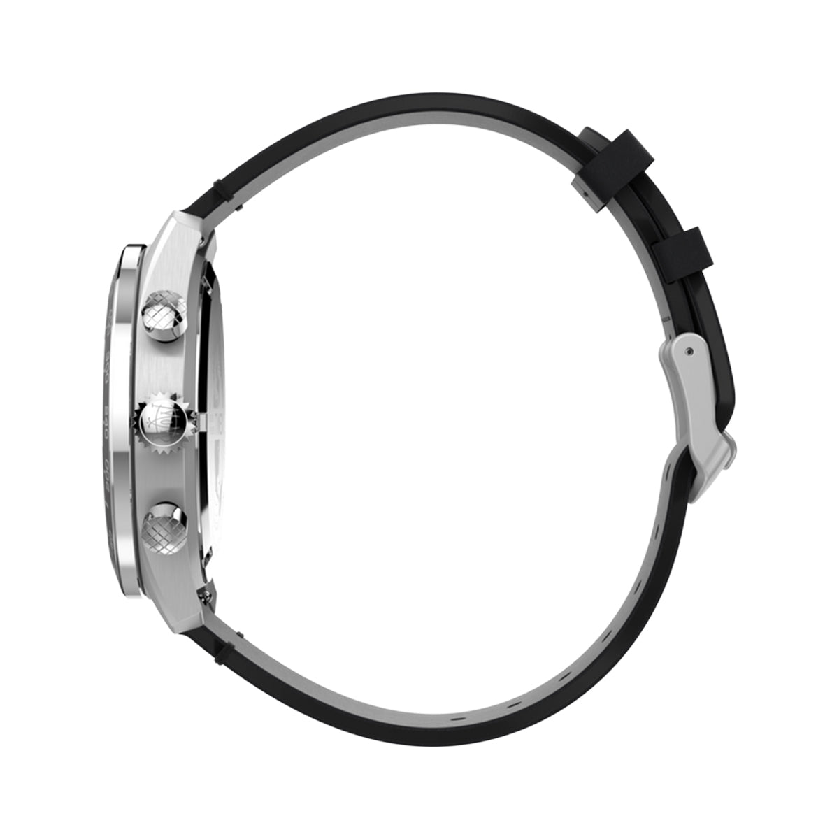 Side view of TIMEX WATCHES Mod. TW2V42500 showcasing sleek design and buttons on the watch bezel with a black strap.