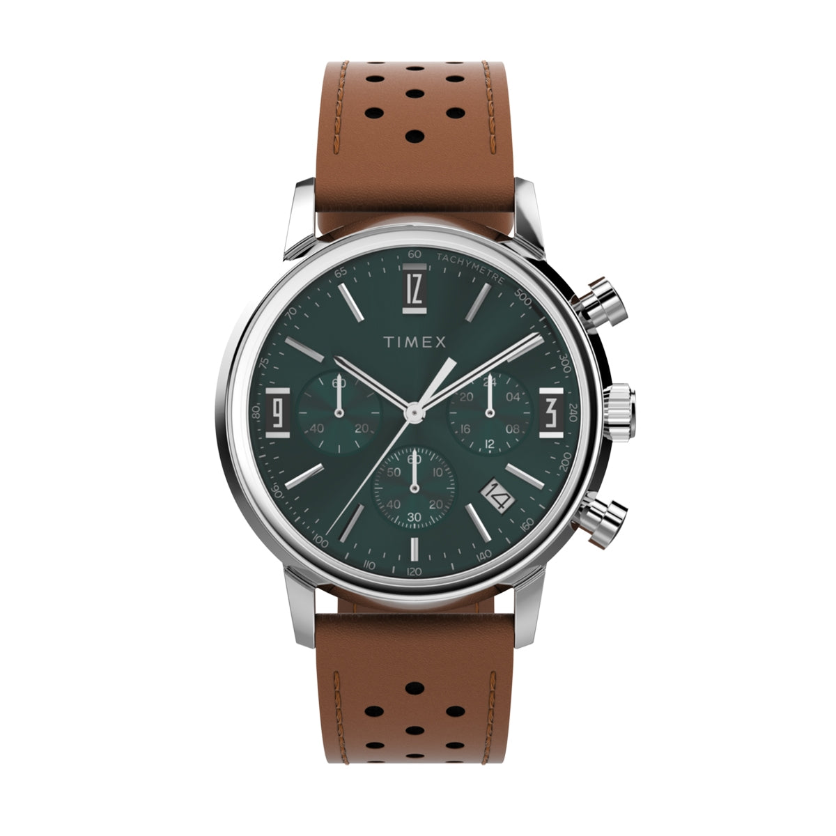 TIMEX WATCHES Mod. TW2W10100A with brown leather strap and green dial, classic design.