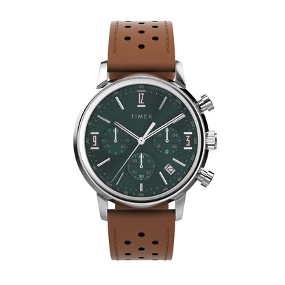 TIMEX WATCHES Mod. TW2W10100A with brown leather strap and green dial, classic design.