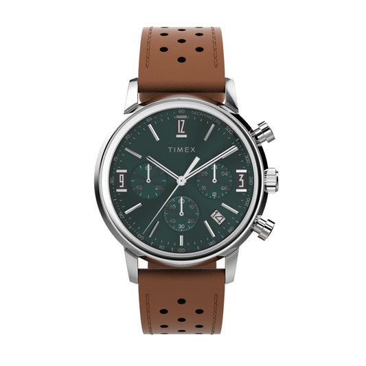 TIMEX WATCHES Mod. TW2W10100A with brown leather strap and green dial, classic design.