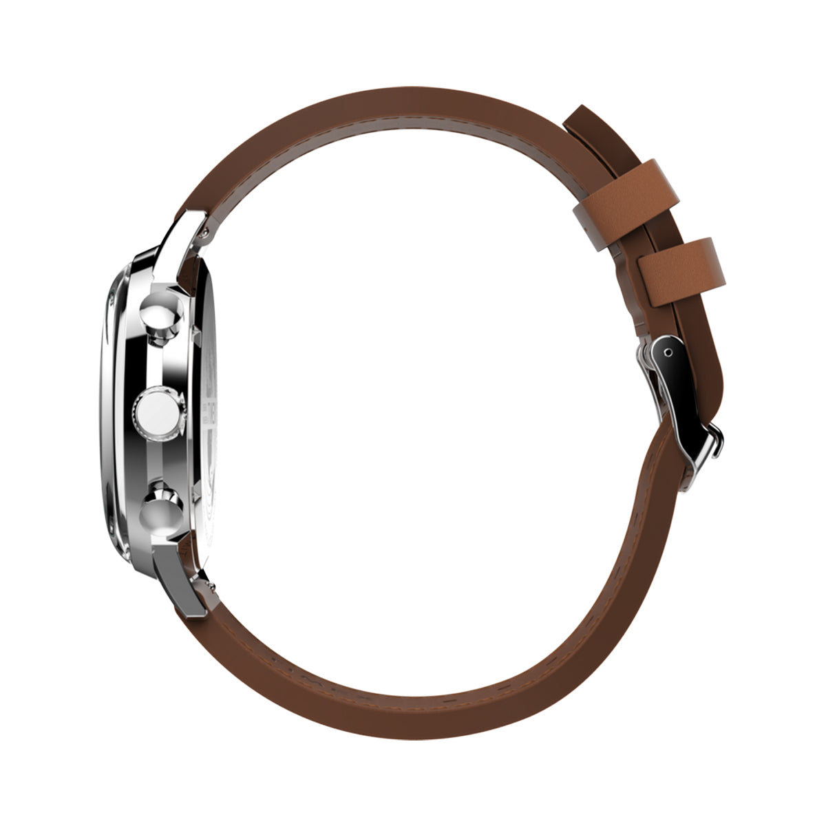 Side view of TIMEX WATCHES Mod. TW2W10100A with brown leather strap and stainless steel case.