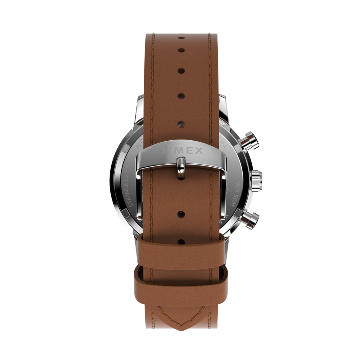 Rear view of TIMEX WATCHES Mod. TW2W10100A showcasing brown leather strap and silver buckle.