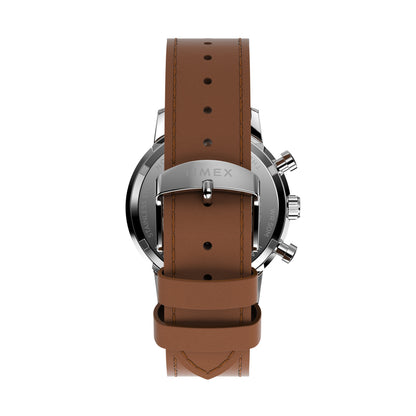 Rear view of TIMEX WATCHES Mod. TW2W10100A showcasing brown leather strap and silver buckle.