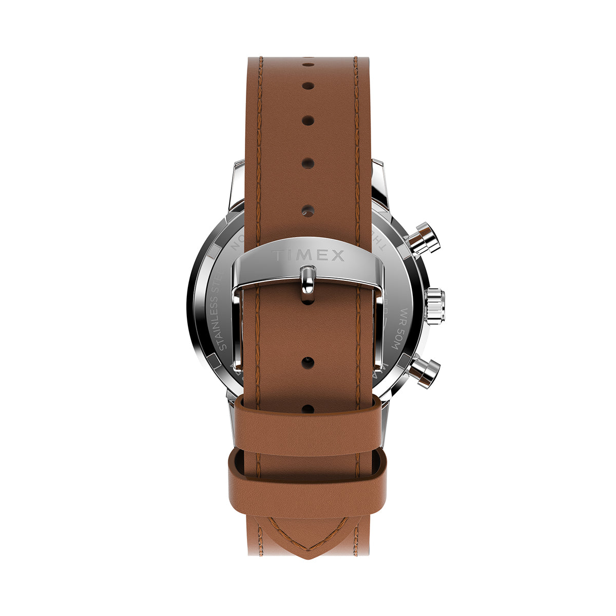 Back view of TIMEX WATCHES Mod. TW2W10100 showing brown leather strap and silver watch case.