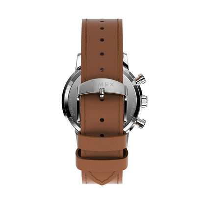 Back view of TIMEX WATCHES Mod. TW2W10100 showing brown leather strap and silver watch case.